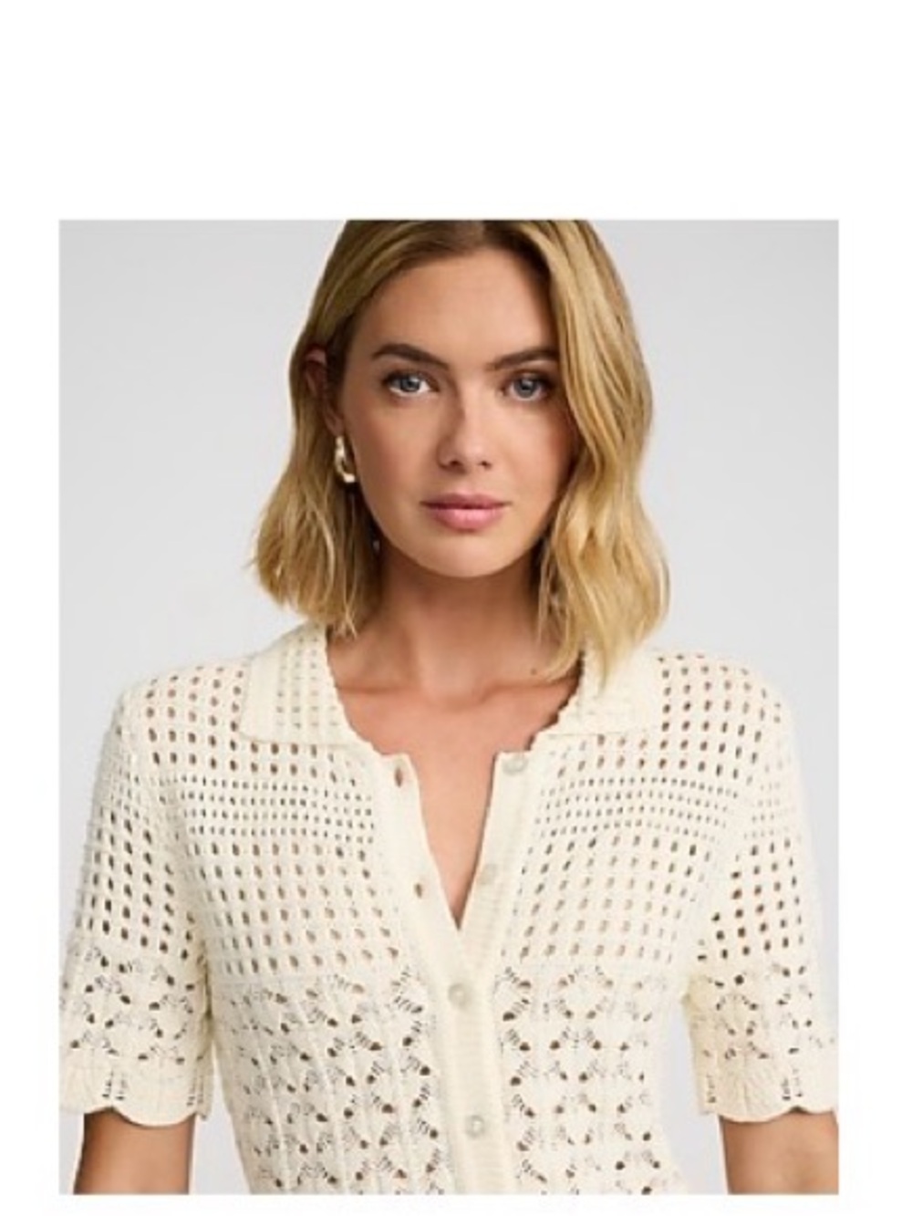 Express Cream Crochet Open-Knit Button-Down Top